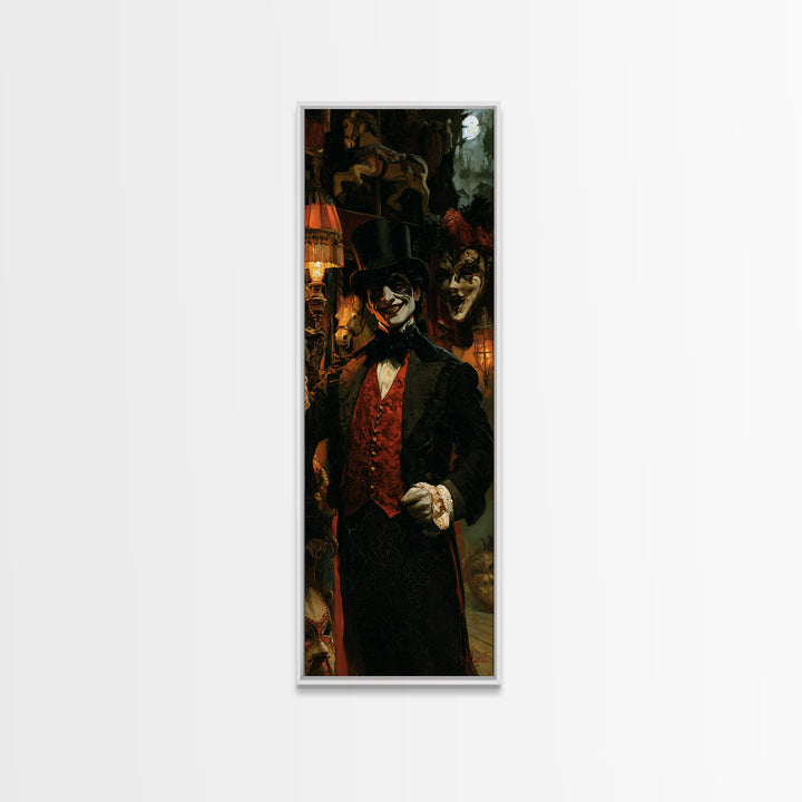 The Cursed Ringmaster, Victorian Circus Horror Portrait, Tall Narrow Canvas Print, Classic Halloween Decor, Classic Monster Art