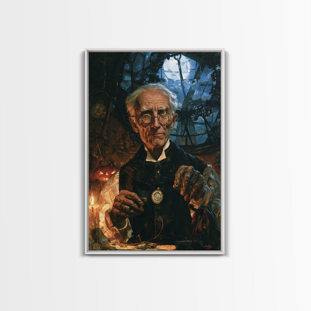 The Clockmaker Of Midnight, Midnight Clockmaker Portrait, Vertical Canvas Print, Dark Academia Decor, Classic Monster Art