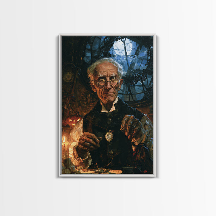 The Clockmaker Of Midnight, Midnight Clockmaker Portrait, Vertical Canvas Print, Dark Academia Decor, Classic Monster Art