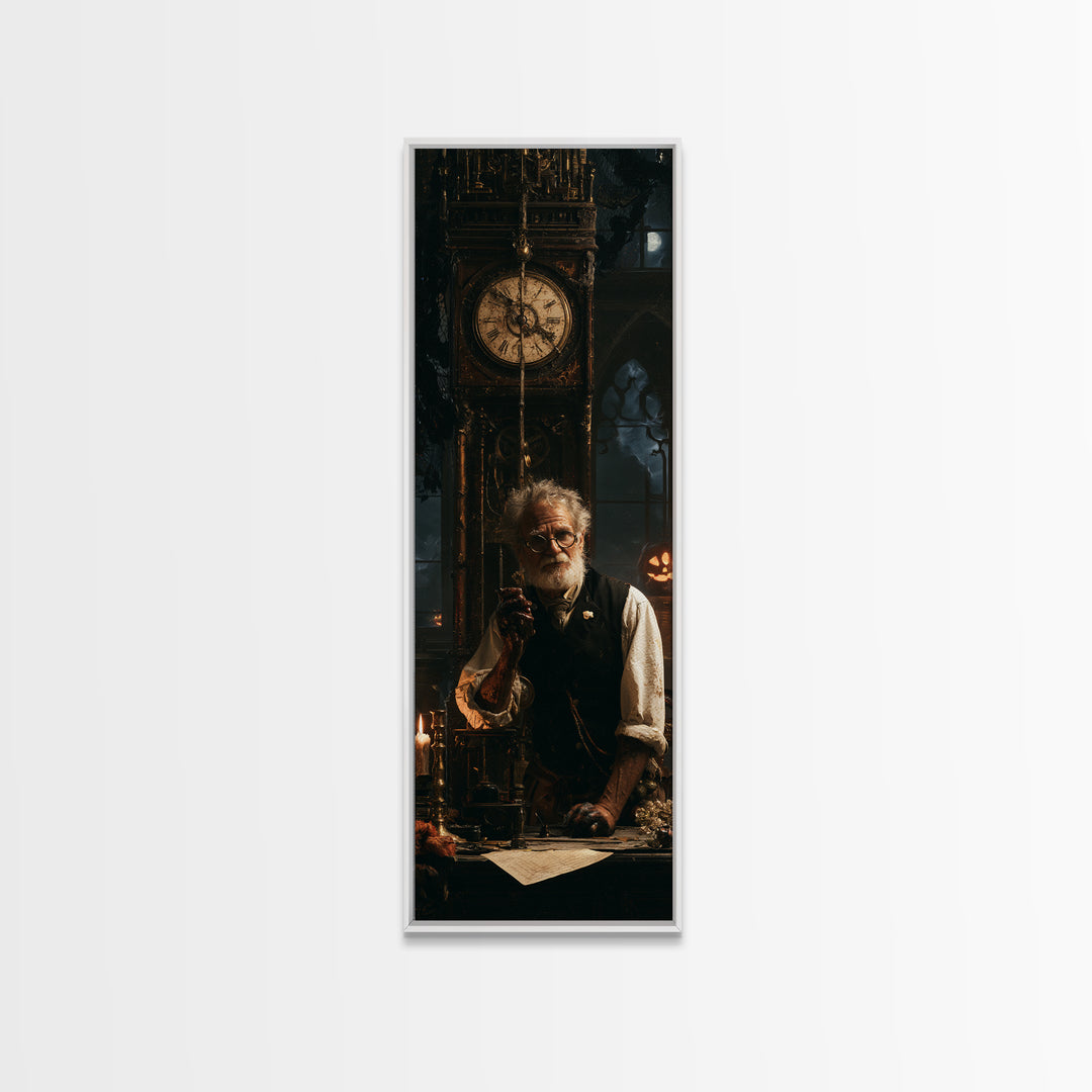 The Clockmaker Of Midnight, Midnight Clockmaker Portrait, Tall Narrow Canvas Print, Antique Style Decor, Gothic Wall Decor