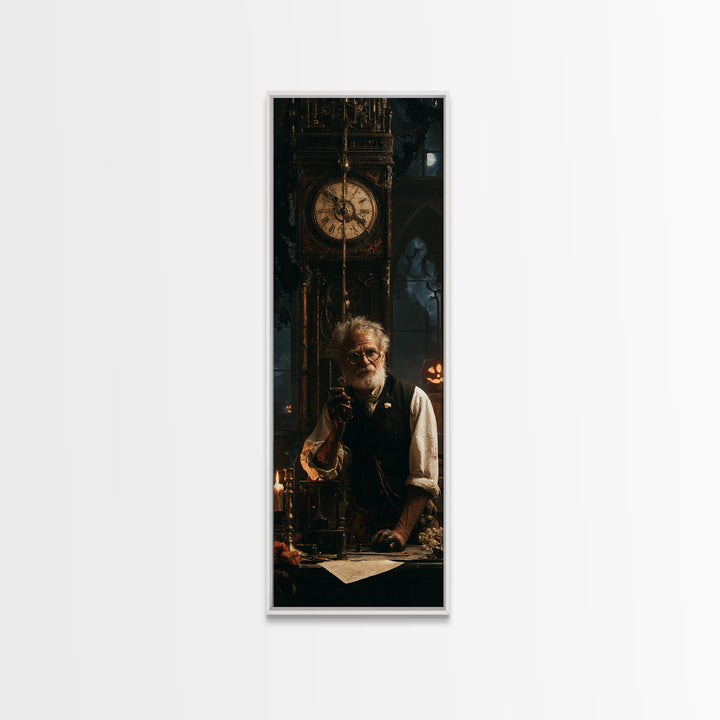 The Clockmaker Of Midnight, Midnight Clockmaker Portrait, Tall Narrow Canvas Print, Antique Style Decor, Gothic Wall Decor