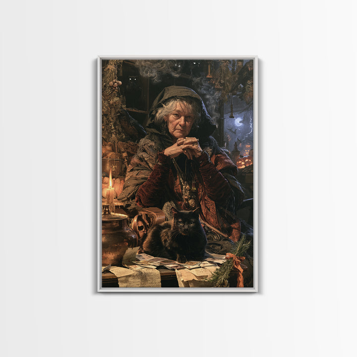 The Black-Cat Fortune Teller, Victorian Fortune Teller Portrait, Vertical Canvas Print, Gothic Home Decor, Classic Monster Art