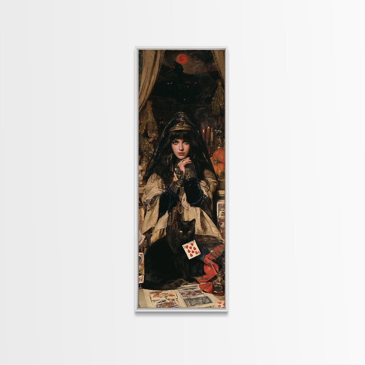 The Black-Cat Fortune Teller, Victorian Fortune Teller Portrait, Tall Narrow Canvas Print, Gothic Home Decor, Canvas Print