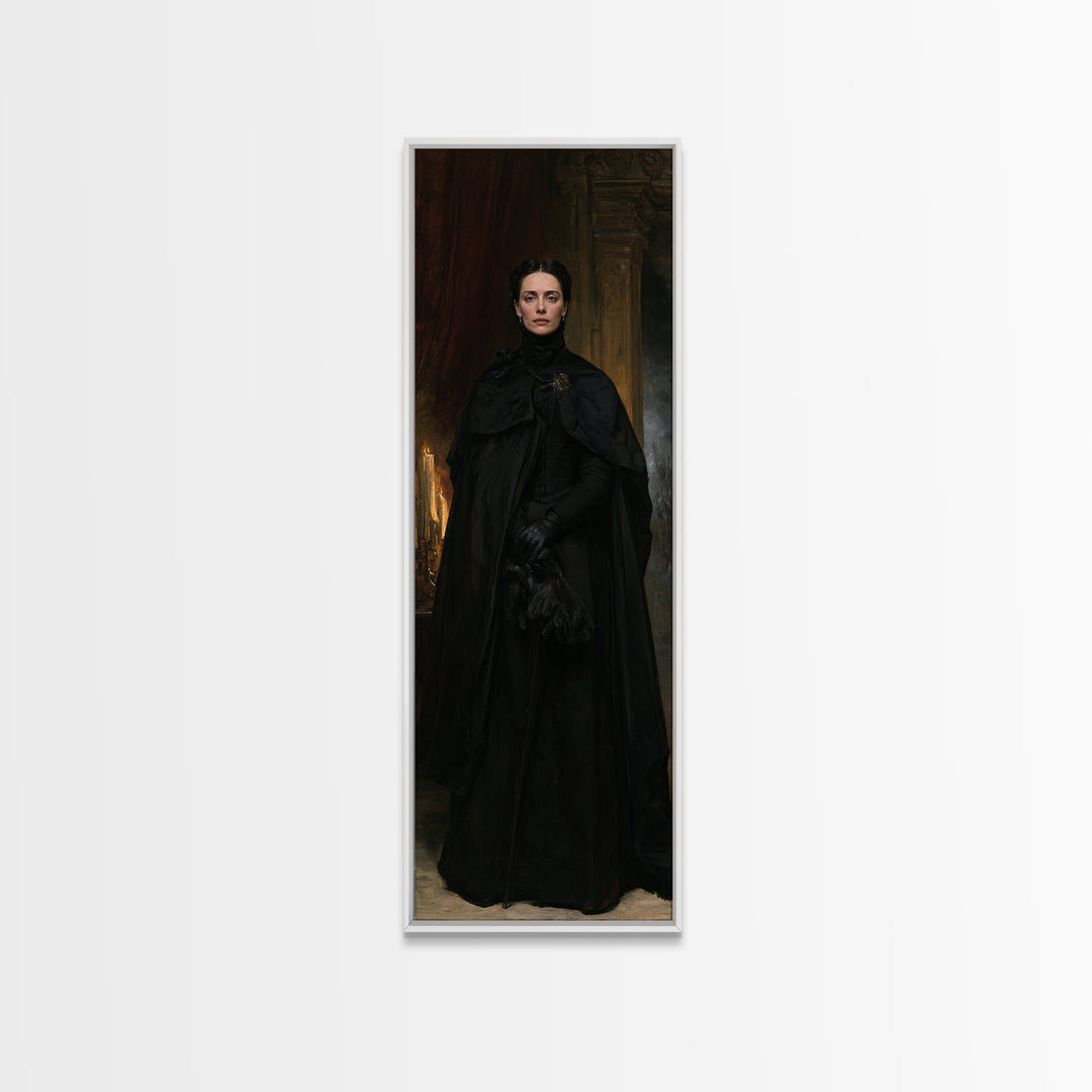 The Headless Cavalier’s Widow, Gothic Horseman Widow Portrait, Tall Narrow Canvas Print, Dark Academia Decor, Classic Monster Art