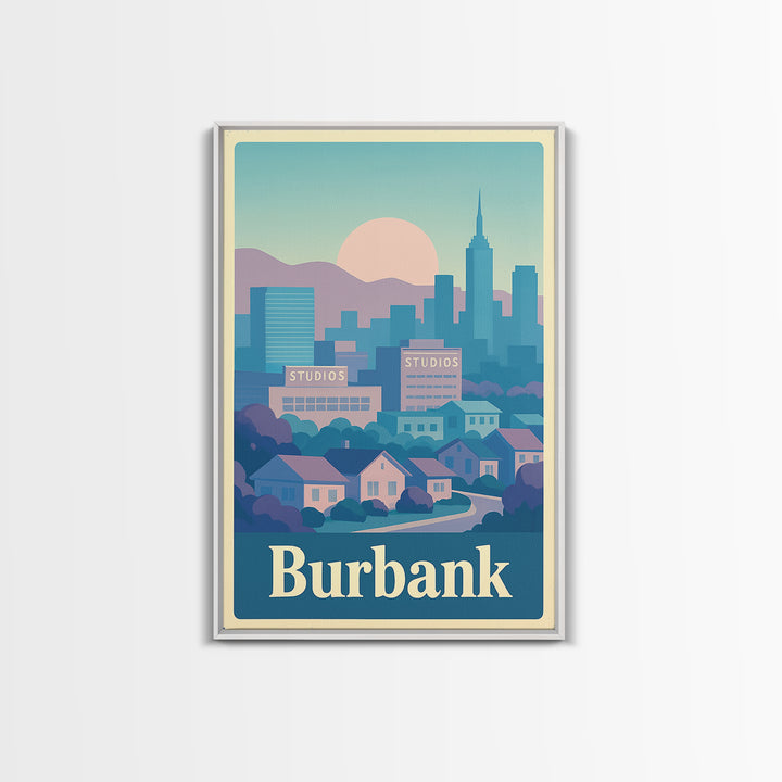 Burbank Travel Poster, Canvas Print, Vaporwave City Skyline Wall Art, Burbank Wall Art, City Illustration, Vintage Travel Art, City Poster