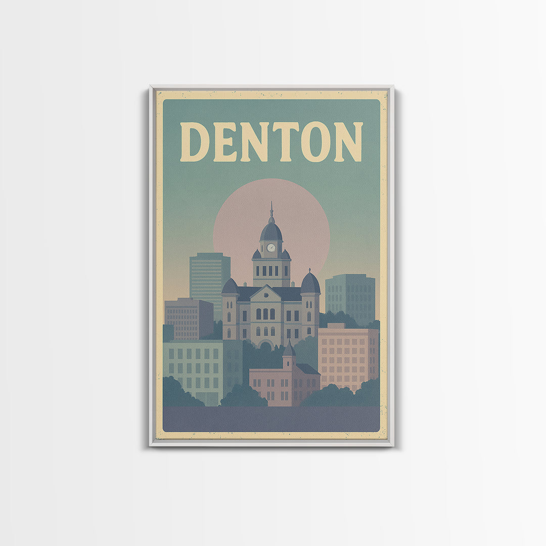Denton Travel Poster, Framed Canvas Print, Vaporwave Skyline Wall Art, Denton Poster Print, Living Room Wall Art, Modern Wall Decor