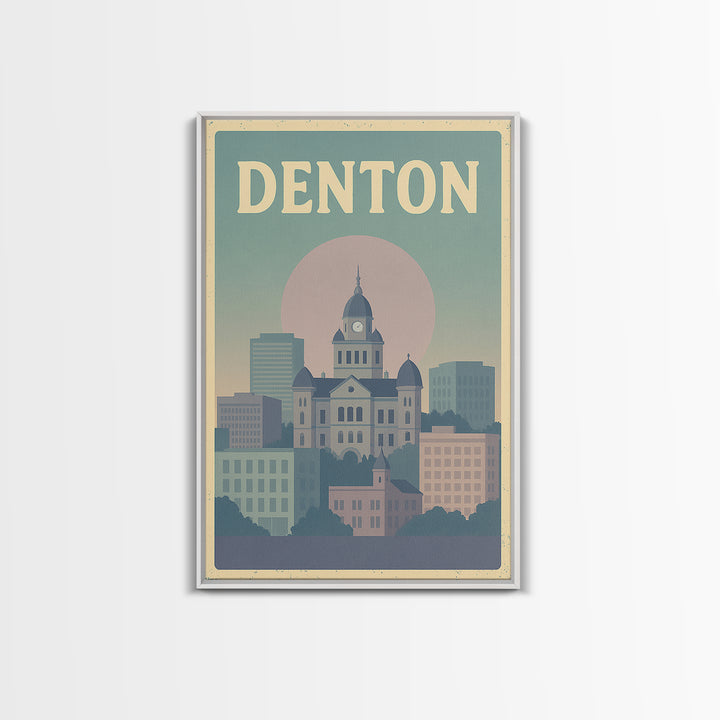 Denton Travel Poster, Framed Canvas Print, Vaporwave Skyline Wall Art, Denton Poster Print, Living Room Wall Art, Modern Wall Decor