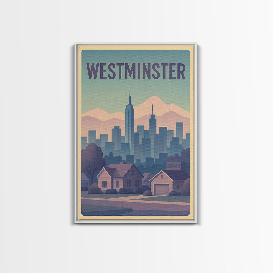 Westminster Colorado Travel Poster, Canvas Print, Vaporwave Cityscape Wall Art, Westminster Travel Art, Retro Travel Print, Travel Art