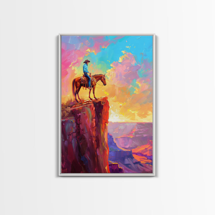 Cowboy on Horse at Sunrise - Colorful Western Landscape Painting, Sunrise Wall Art, Living Room Decor, Cowboy Canvas Print