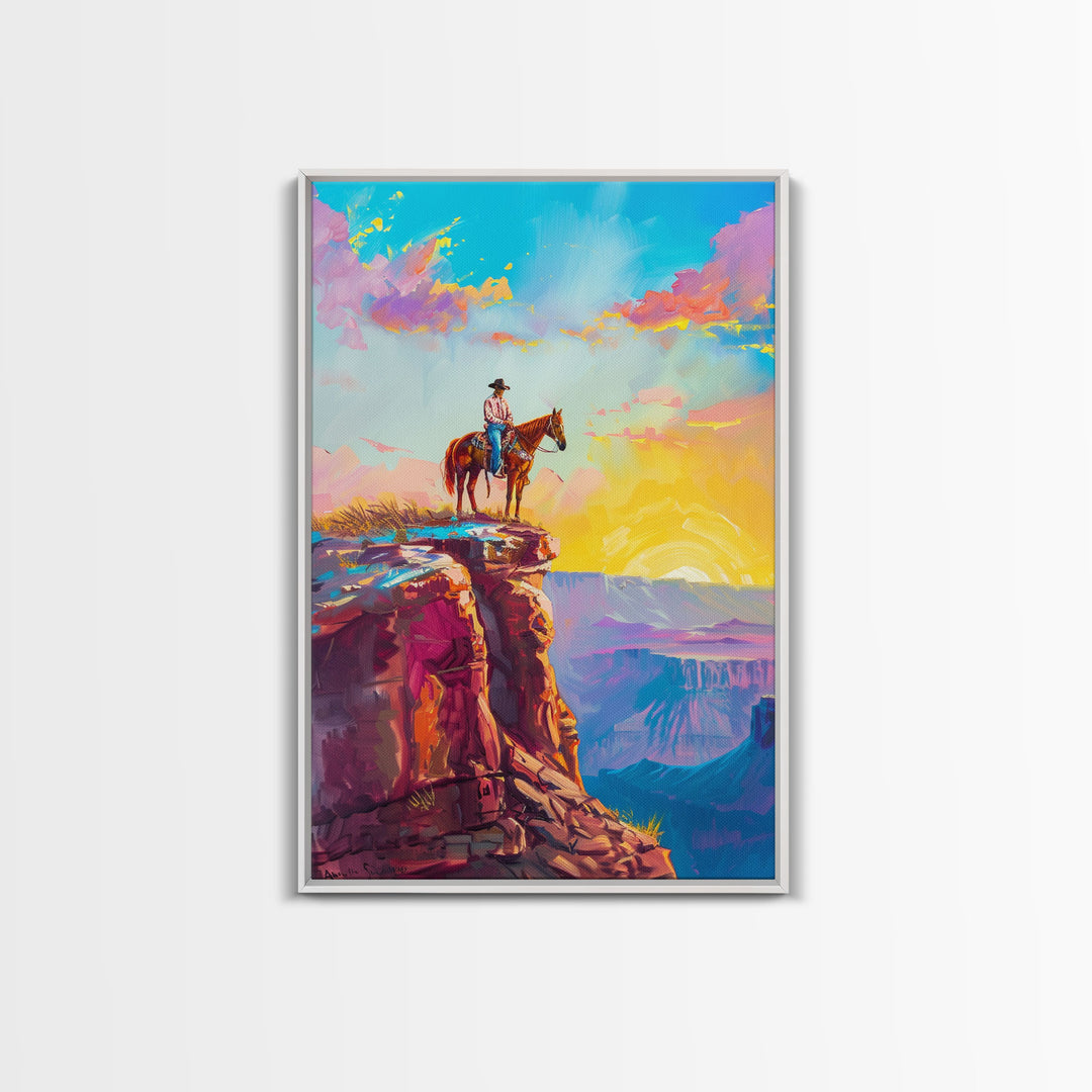 Cowboy on Cliff Edge at Sunrise - Colorful Western Landscape Painting, Framed Canvas Print, Sunrise Wall Art, Living Room Decor