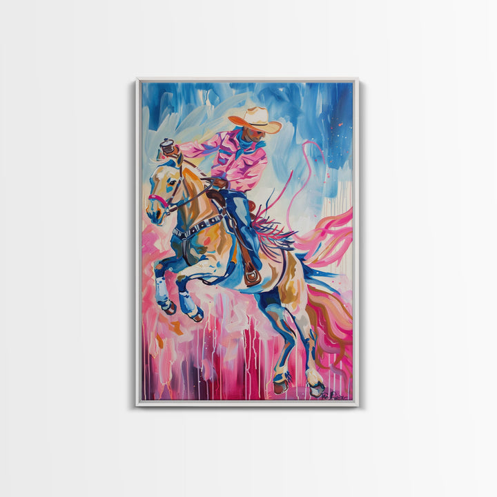 Dynamic Cowboy and Horse Painting - Colorful Western Art, Framed Canvas Print, Living Room Decor, Cowboy Riding Wall Art