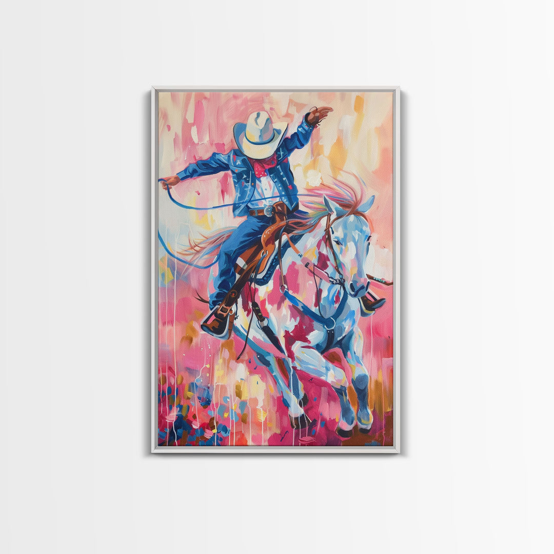 Energetic Cowboy on Horseback - Vibrant Western Art, Framed Canvas Print, Living Room Decor, Cowboy Rodeo Painting, Colorful Wall Art