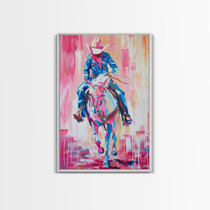 Cowboy Riding in Pink - Colorful Western Art, Framed Canvas Print, Living Room Decor, Cowboy Painting, Vibrant Wall Art