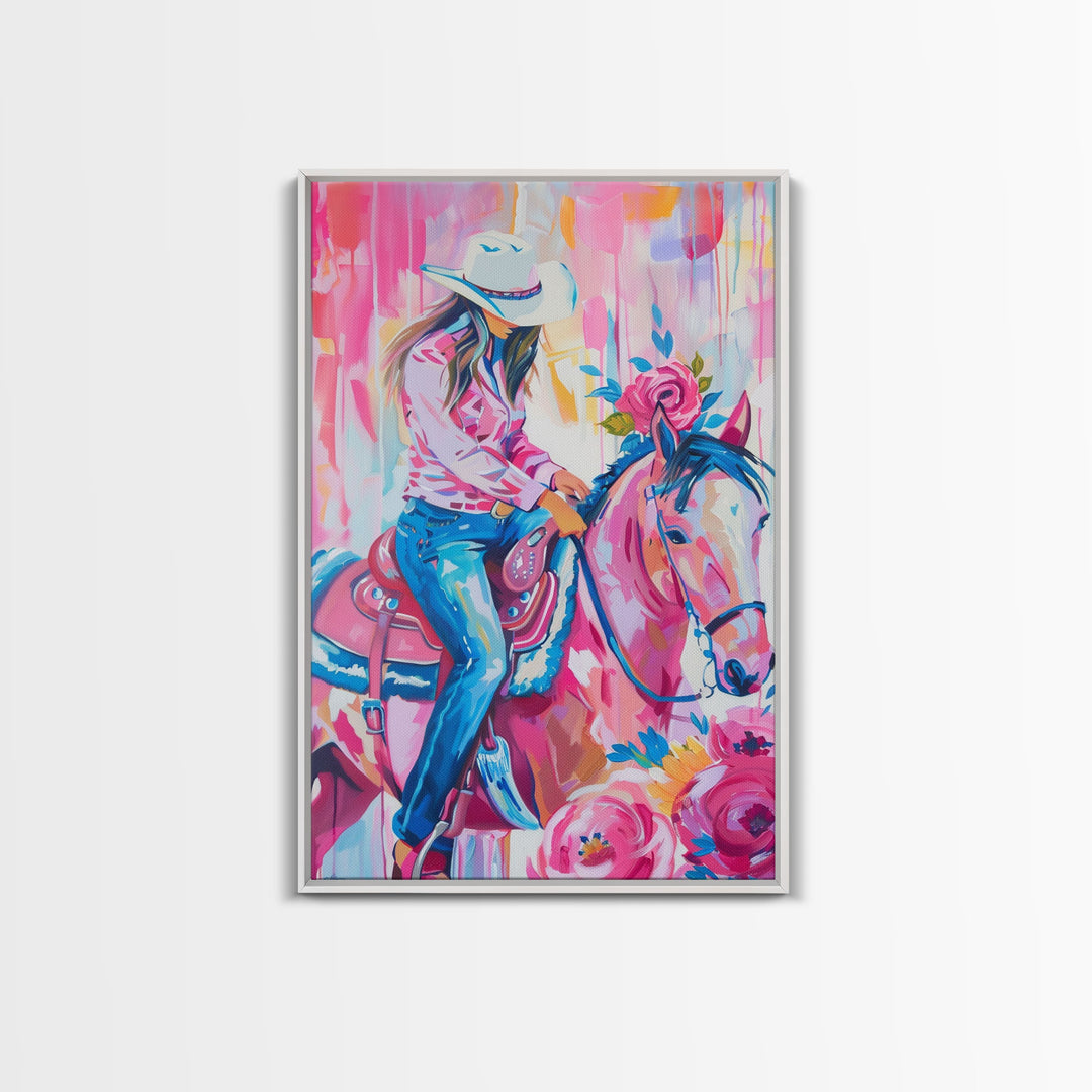 Cowgirl with Floral Horse - Colorful Western Art, Framed Canvas Print, Living Room Decor, Cowgirl Painting, Vibrant Wall Art