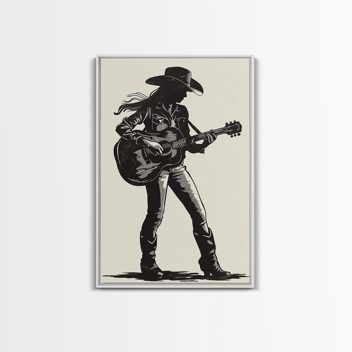 Cowgirl Guitarist Silhouette Art Print, Retro Western Framed Canvas, Vintage Country Music Art, Unique Wall Decor for Home