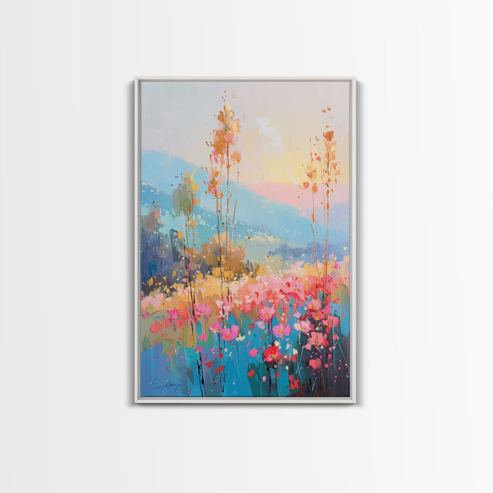 Serene Meadow Landscape at Sunrise - Framed Canvas Print, Tranquil Living Room Art, Peaceful Bedroom Decor, Pastel Flower Art, Wall Art