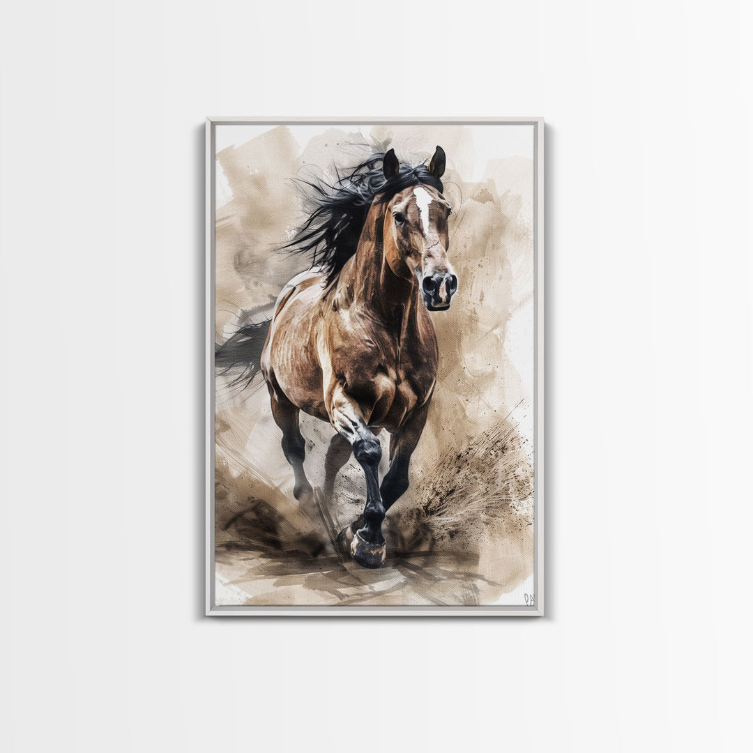 Powerful Horse Galloping - Framed Canvas Print, Dynamic Living Room Art, Energetic Bedroom Decor, Equestrian Art, Wall Art