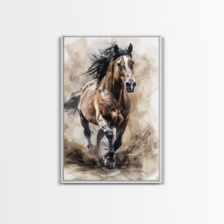 Powerful Horse Galloping - Framed Canvas Print, Dynamic Living Room Art, Energetic Bedroom Decor, Equestrian Art, Wall Art