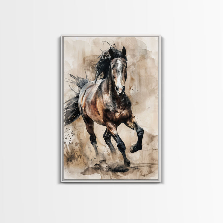 Running Horse in Motion - Framed Canvas Print, Lively Living Room Art, Vibrant Bedroom Decor, Equestrian Art, Wall Art