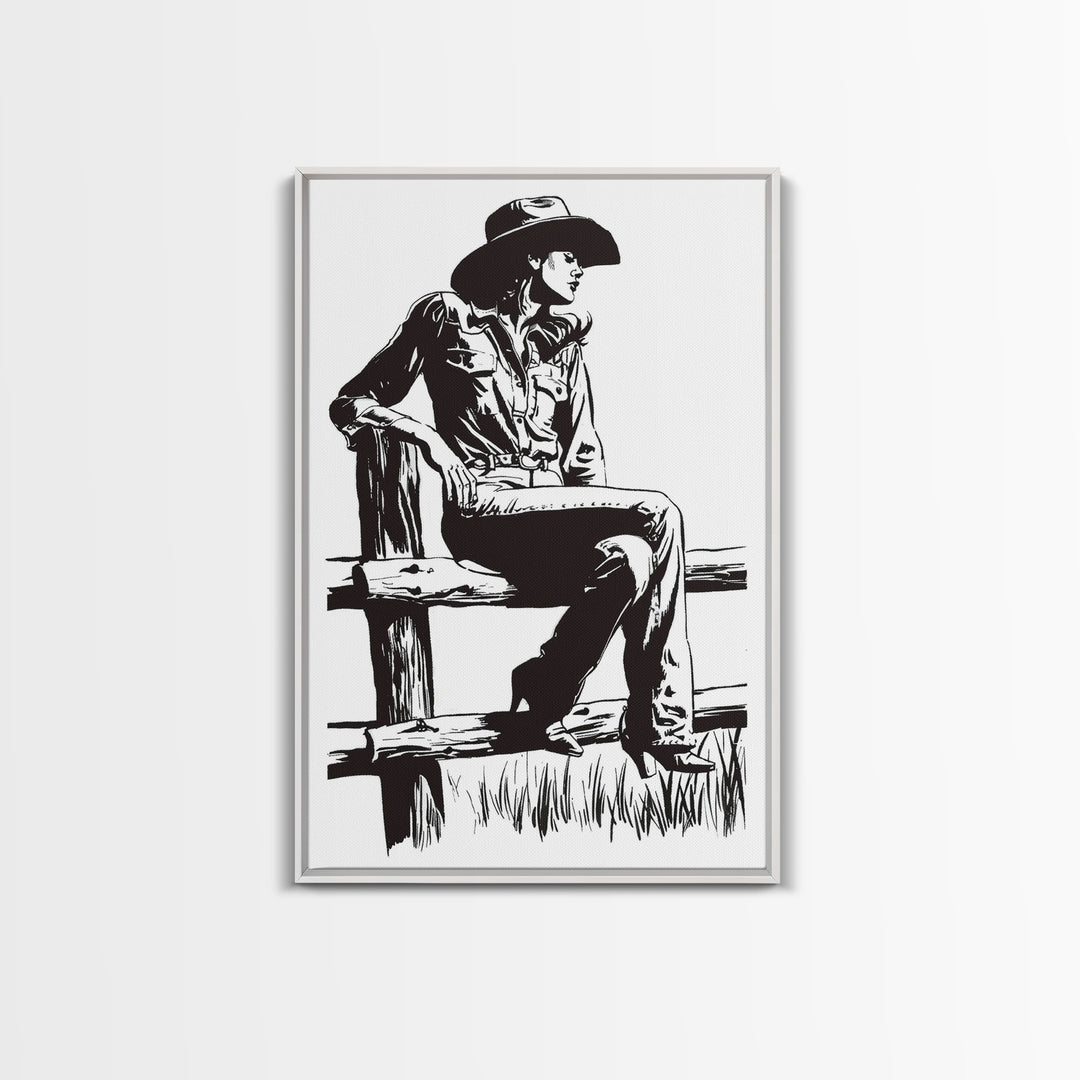 Cowgirl Resting on Fence Art Print, Western Silhouette Framed Canvas, Vintage Cowgirl Artwork, Rustic Home Decor