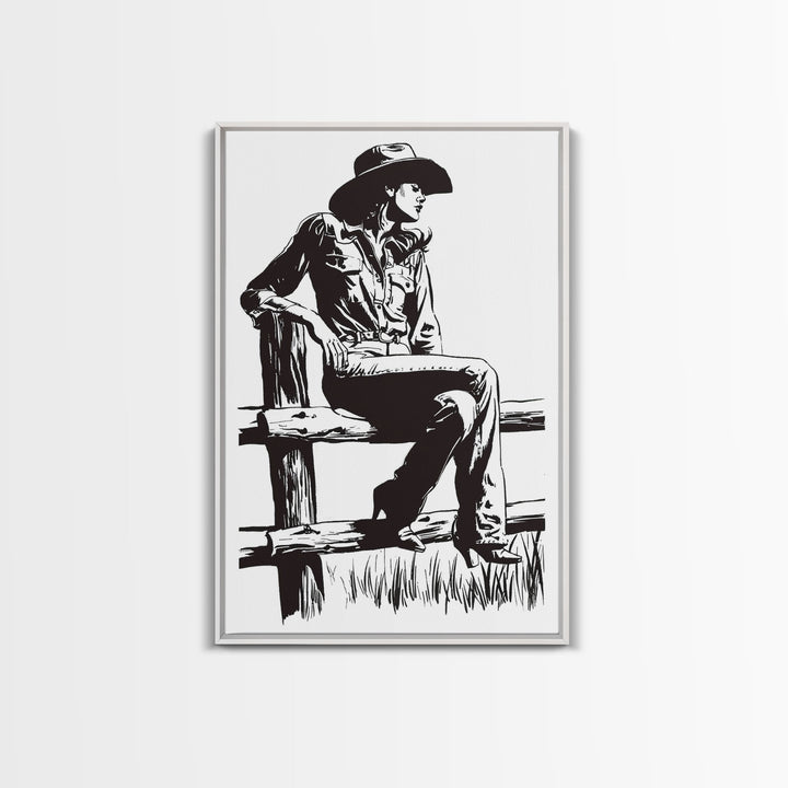 Cowgirl Resting on Fence Art Print, Western Silhouette Framed Canvas, Vintage Cowgirl Artwork, Rustic Home Decor