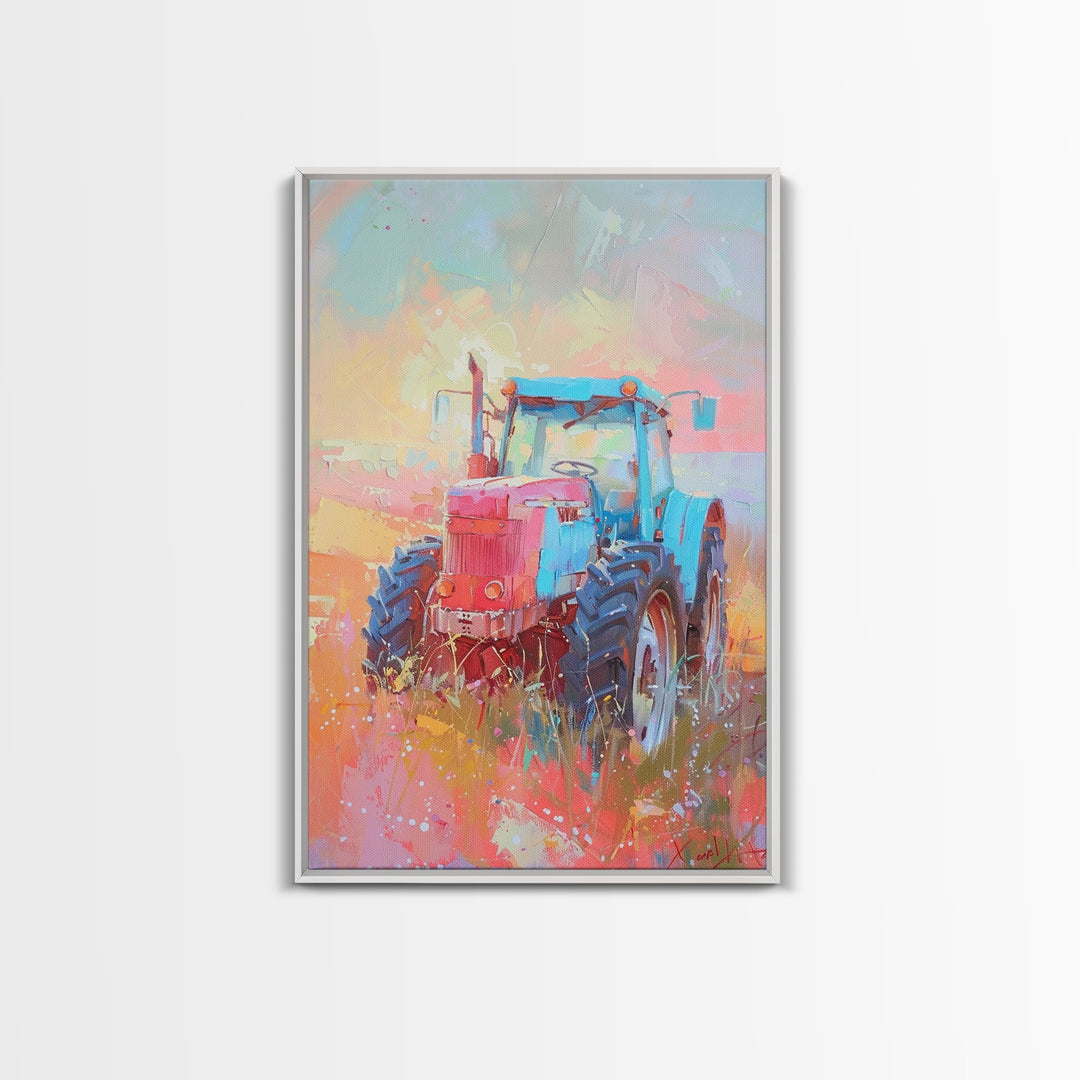 Colorful Tractor in Pastel Field - Framed Canvas Print, Farmhouse Living Room Art, Rustic Bedroom Decor, Rural Art, Wall Art