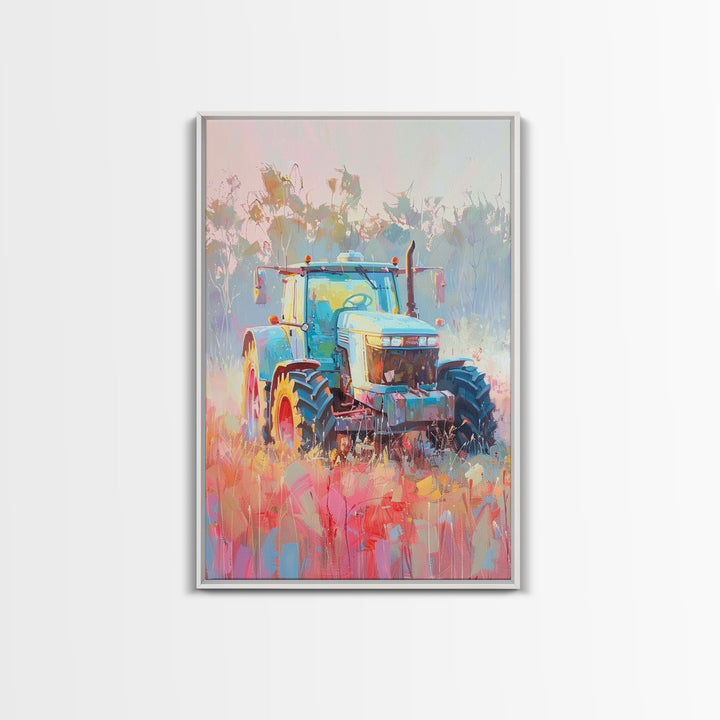 Farm Tractor in Vibrant Meadow - Framed Canvas Print, Countryside Living Room Art, Pastel Bedroom Decor, Rural Art, Wall Art