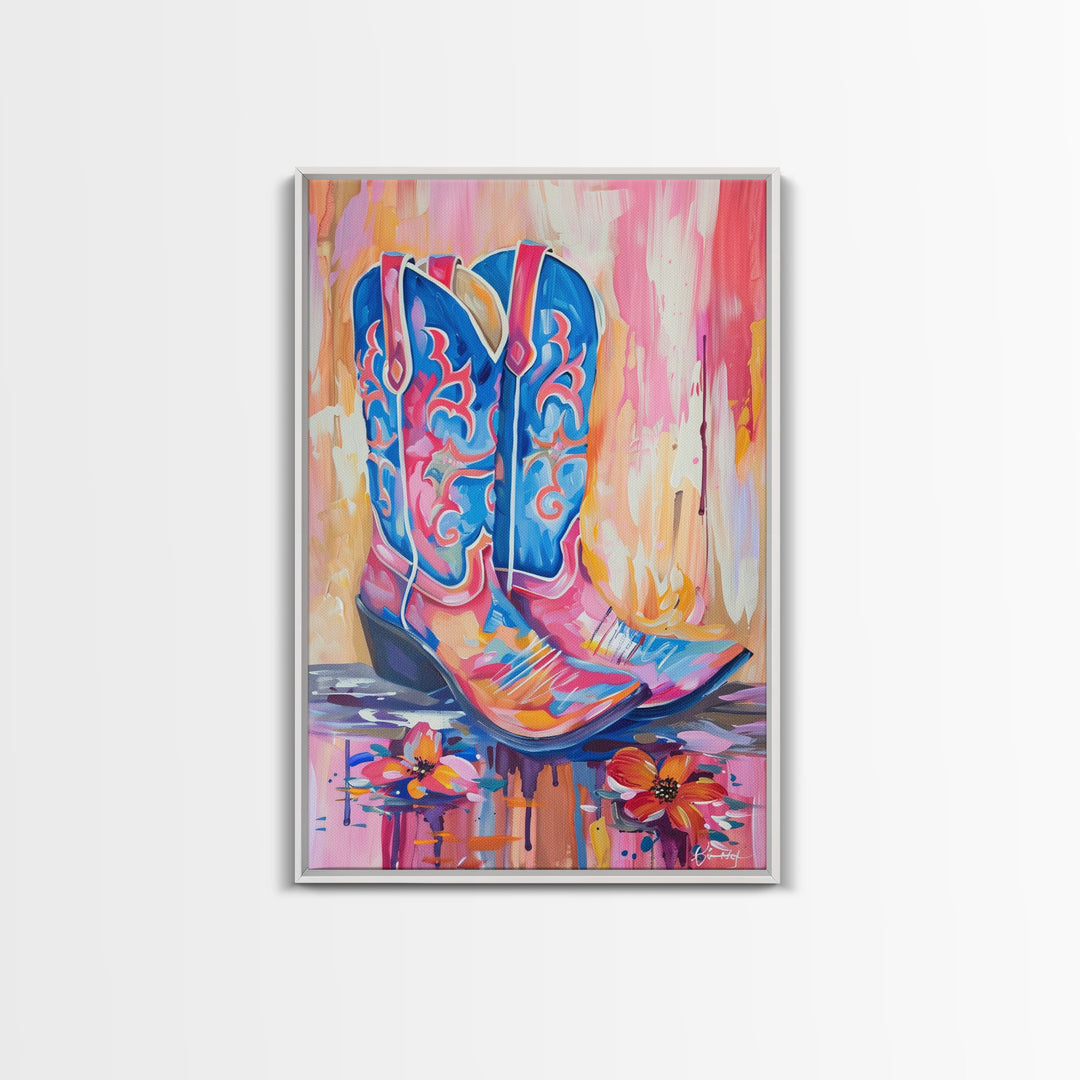 Colorful Cowboy Boots with Flowers - Framed Canvas Print, Rustic Western Decor, Vibrant Boot Wall Art for Home Decoration