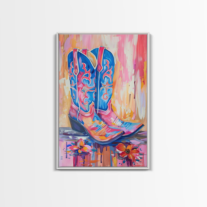 Colorful Cowboy Boots with Flowers - Framed Canvas Print, Rustic Western Decor, Vibrant Boot Wall Art for Home Decoration