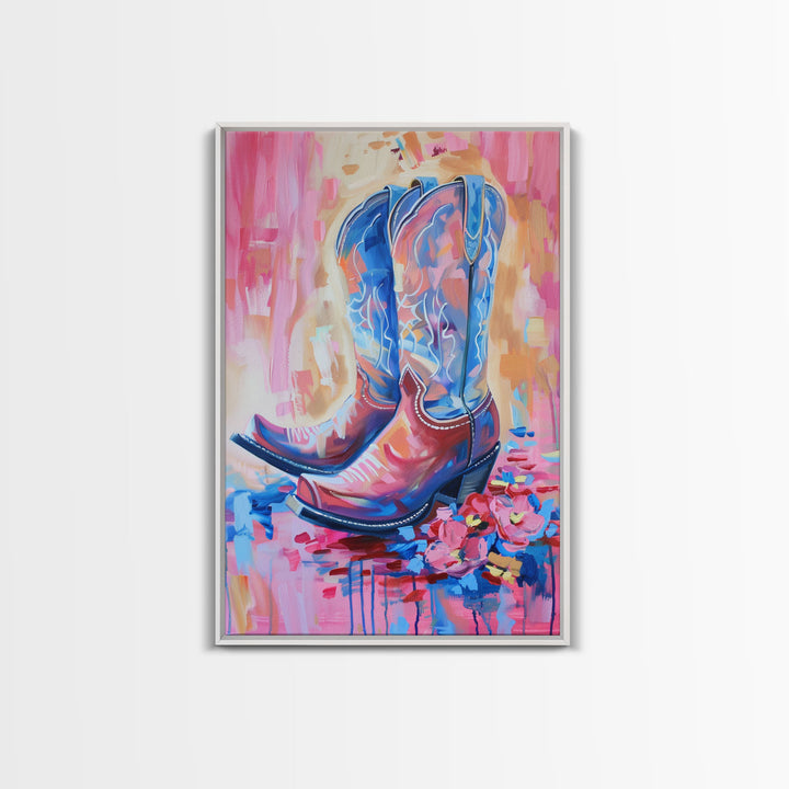 Bright Western Cowboy Boots Art with Floral Accents - Framed Canvas Print, Rustic Wall Art, Colorful Boot Decor for Living Room