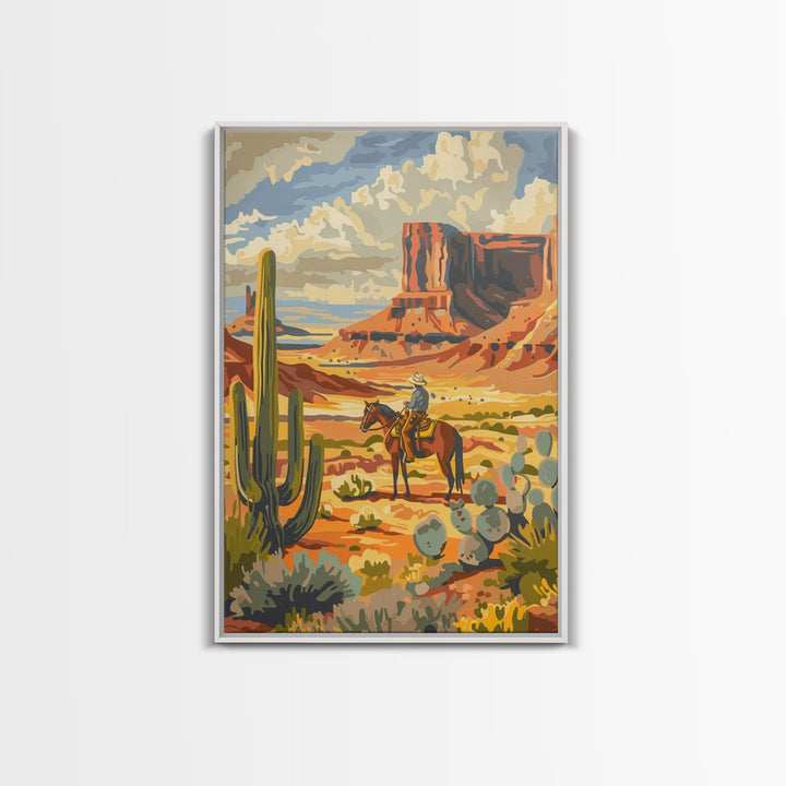 Desert Cowboy Riding Through Cactus - Framed Canvas Print, Western Landscape Art, Southwestern Wall Art for Home Decoration