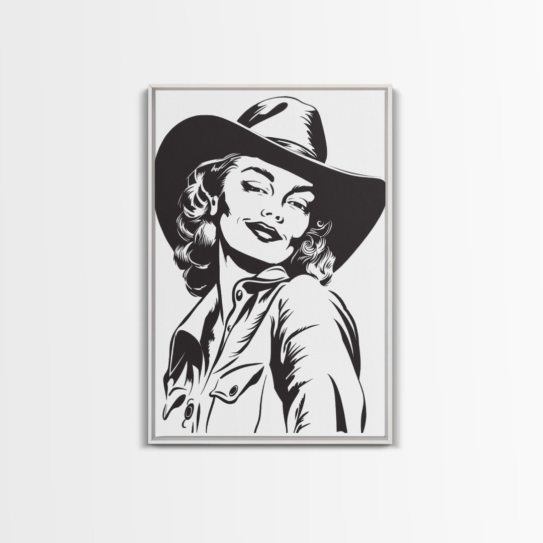 Smiling Cowgirl Portrait Art Print, Western Silhouette Framed Canvas, Vintage Cowgirl Artwork, Unique Wall Decor