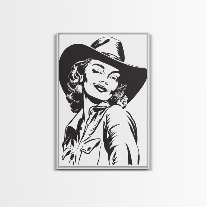 Smiling Cowgirl Portrait Art Print, Western Silhouette Framed Canvas, Vintage Cowgirl Artwork, Unique Wall Decor