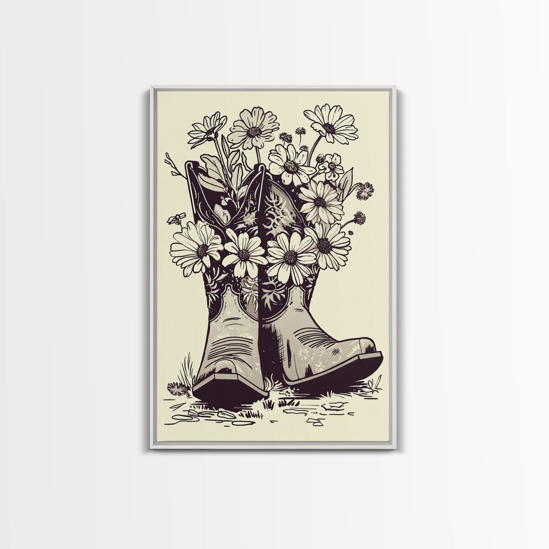 Cowboy Boots with Flowers Art Print, Western Silhouette Framed Canvas, Vintage Floral Boots Art, Unique Home Decor