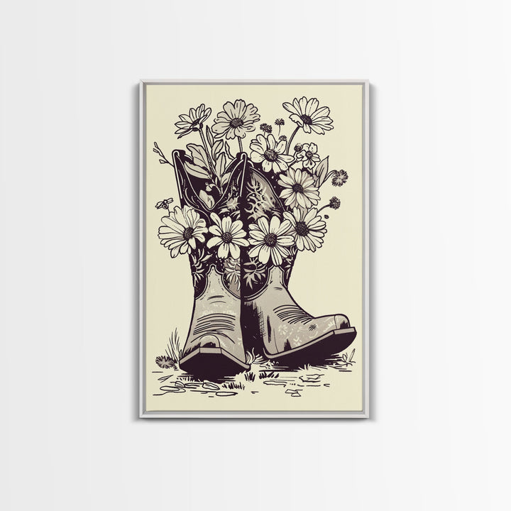Cowboy Boots with Flowers Art Print, Western Silhouette Framed Canvas, Vintage Floral Boots Art, Unique Home Decor