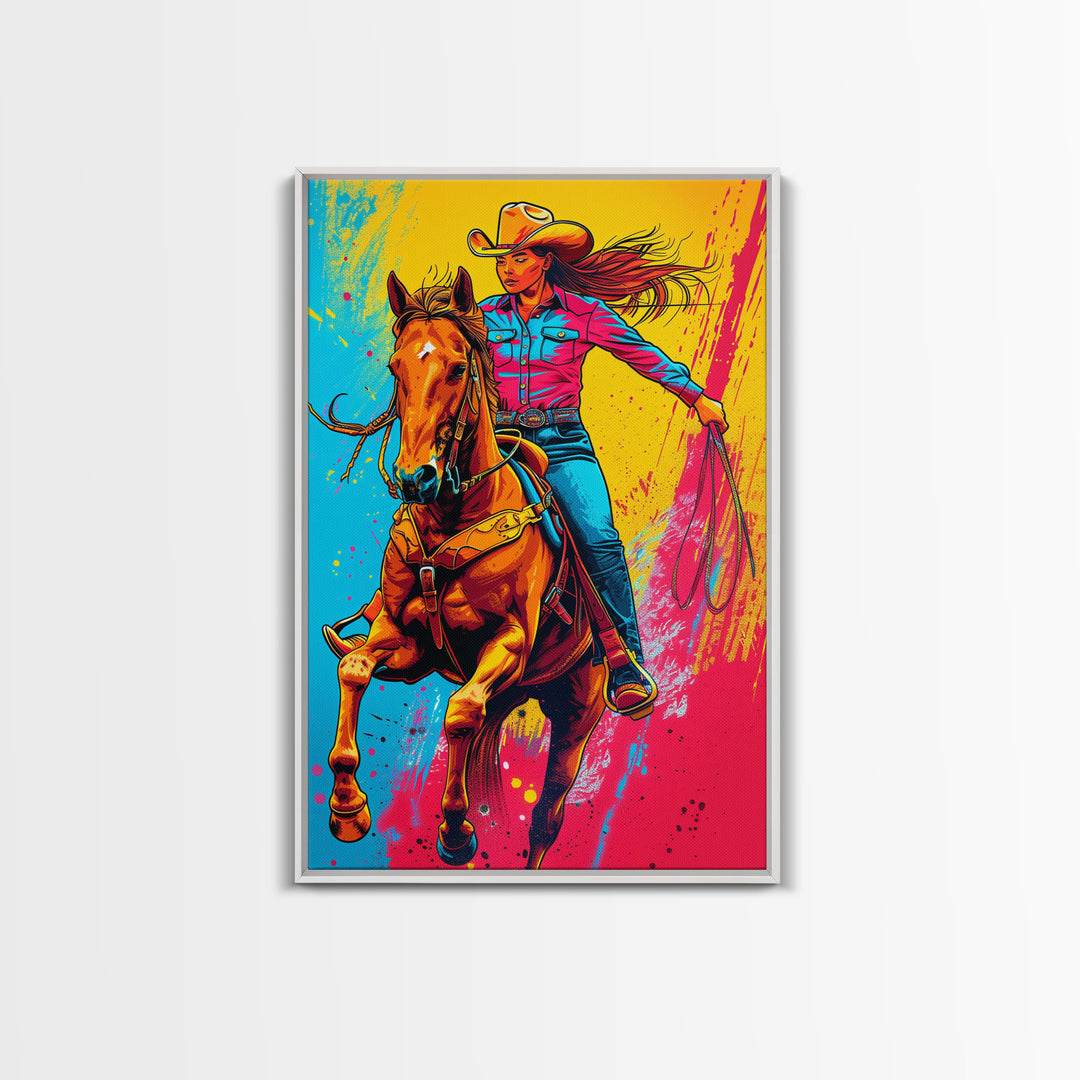 Bold Pop Art Cowgirl Riding Horse with Bright Colors - Framed Canvas Print, Equestrian Decor, Cowgirl Art for Bedroom, Living Room Wall Art