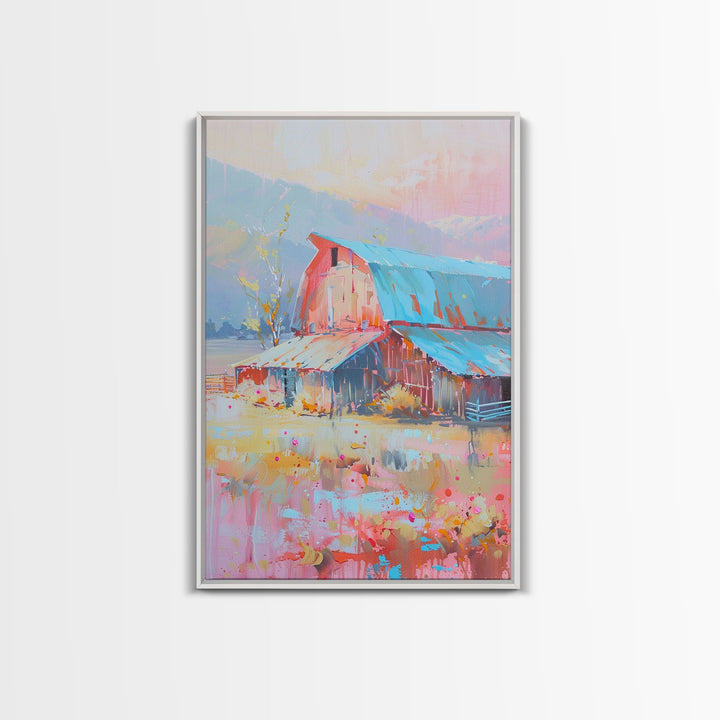Rustic Pastel Barn in Countryside Landscape - Framed Canvas Print, Farmhouse Decor, Country Art for Living Room, Rustic Wall Art for Home