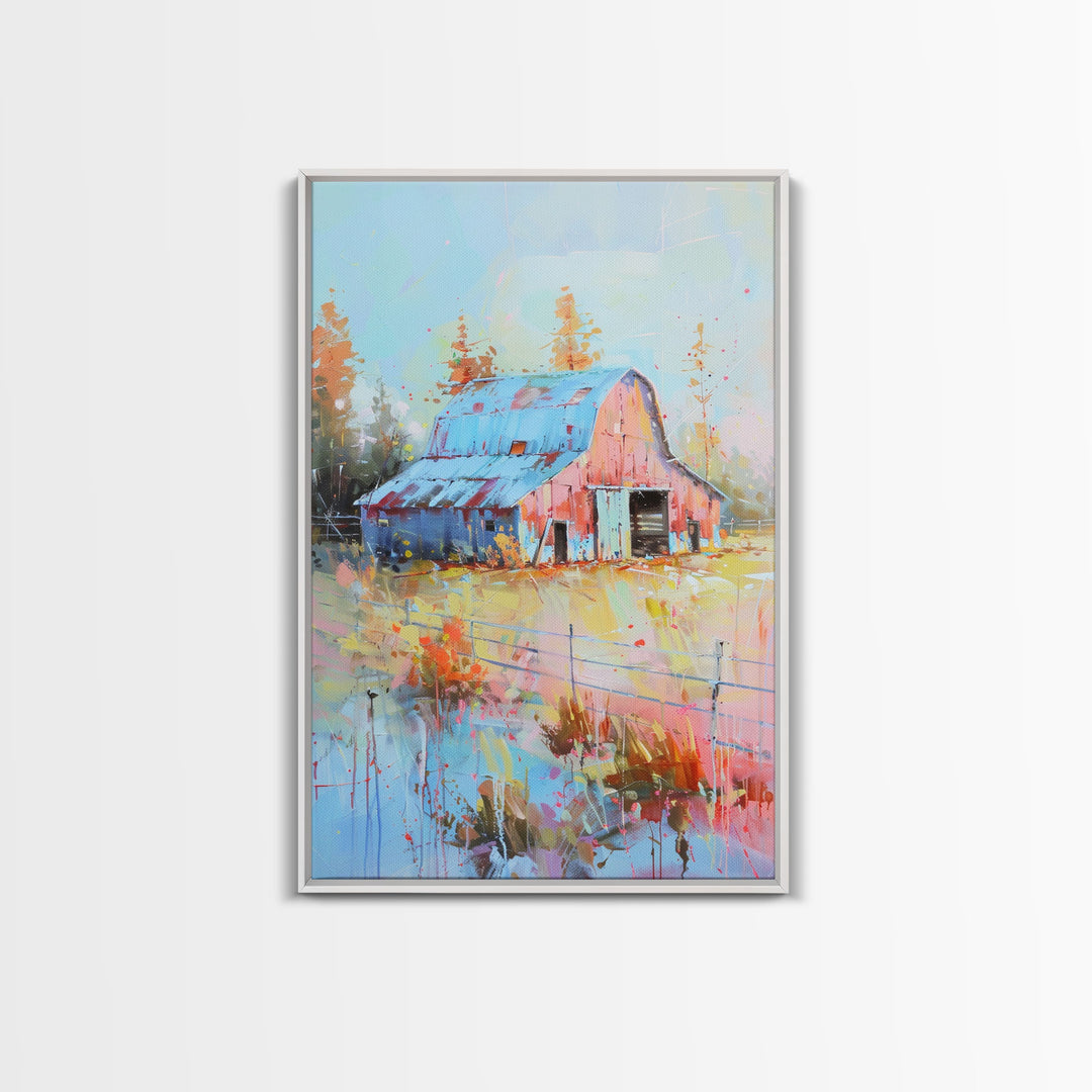 Serene Barn Scene in Soft Pastel Hues - Framed Canvas Print, Rustic Decor, Countryside Art for Bedroom, Farmhouse Wall Art for Living Room