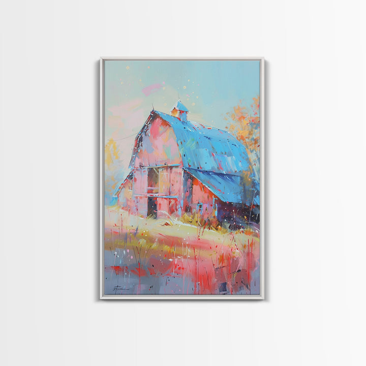 Charming Barn with Blue Roof in Pastel Colors - Framed Canvas Print, Rustic Farmhouse Decor, Country Art for Home, Living Room Wall Art