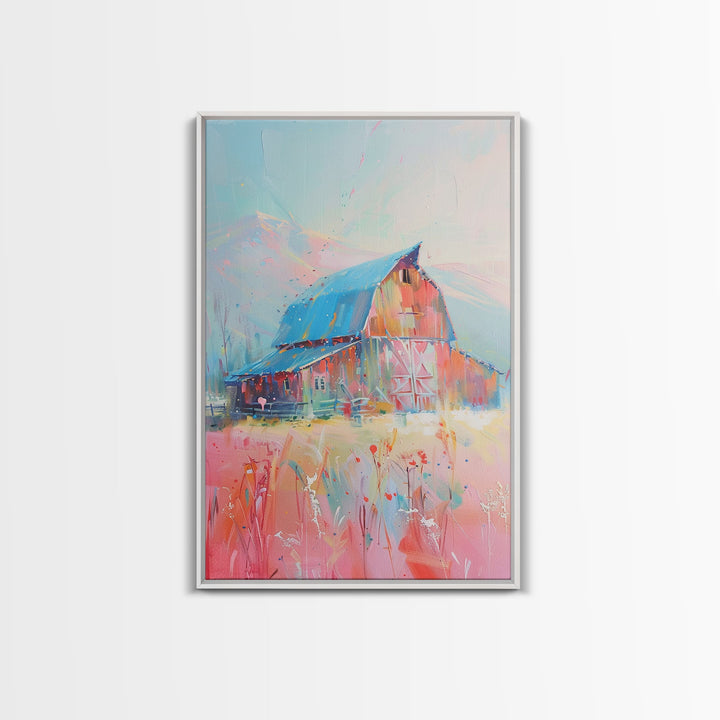 Idyllic Pastel Barn Scene in Vibrant Colors - Framed Canvas Print, Farmhouse Decor, Countryside Art for Bedroom, Rustic Wall Art Living Room