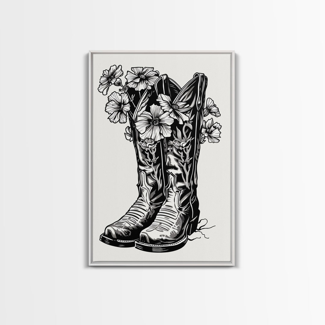 Floral Cowboy Boots Art Print, Retro Western Framed Canvas, Vintage Flower Boots Artwork, Unique Wall Decor for Home