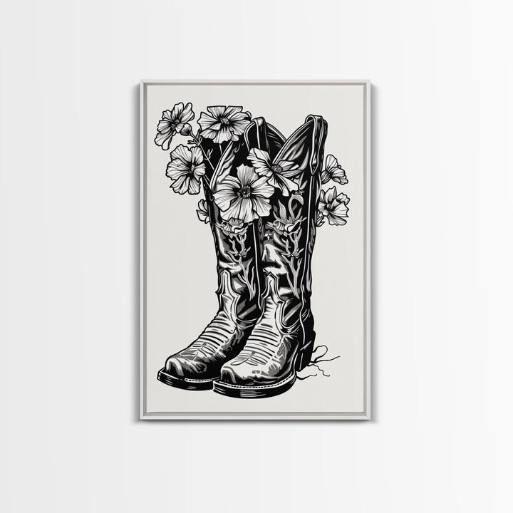 Floral Cowboy Boots Art Print, Retro Western Framed Canvas, Vintage Flower Boots Artwork, Unique Wall Decor for Home