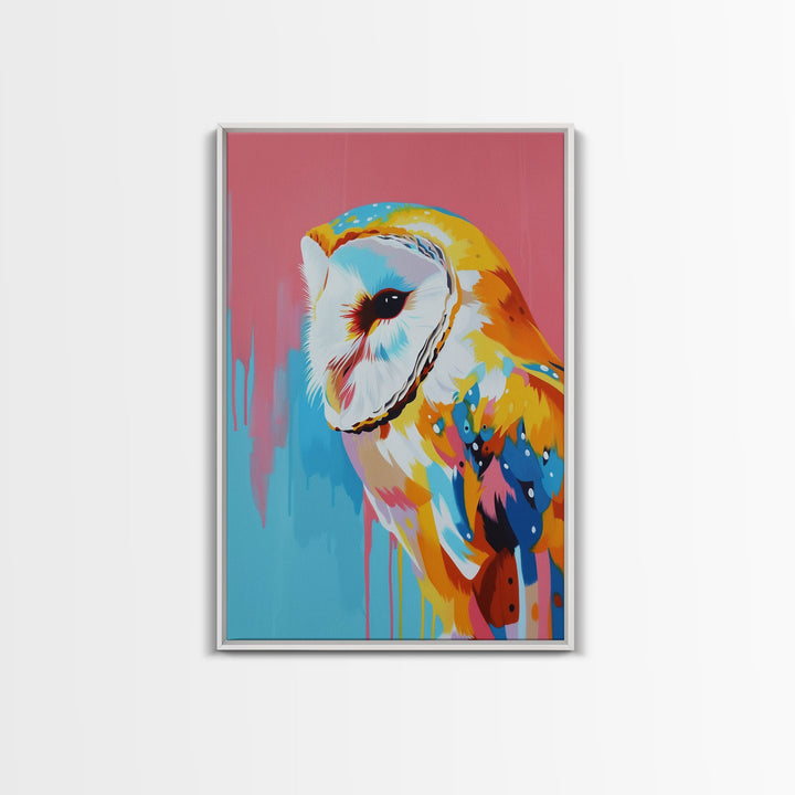 Colorful Owl Pop Art on Pink and Blue Background - Framed Canvas Print, Bird Decor, Owl Art for Living Room, Vibrant Wall Art for Bedroom