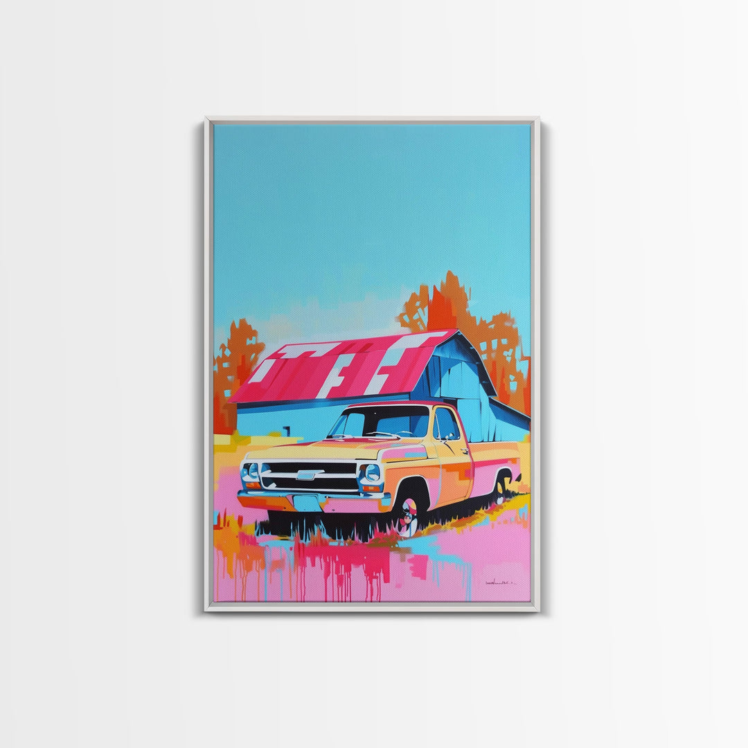 Vintage Truck with Colorful Barn in Background - Framed Canvas Print, Retro Decor, Truck Art for Bedroom, Farmhouse Wall Art for Living Room