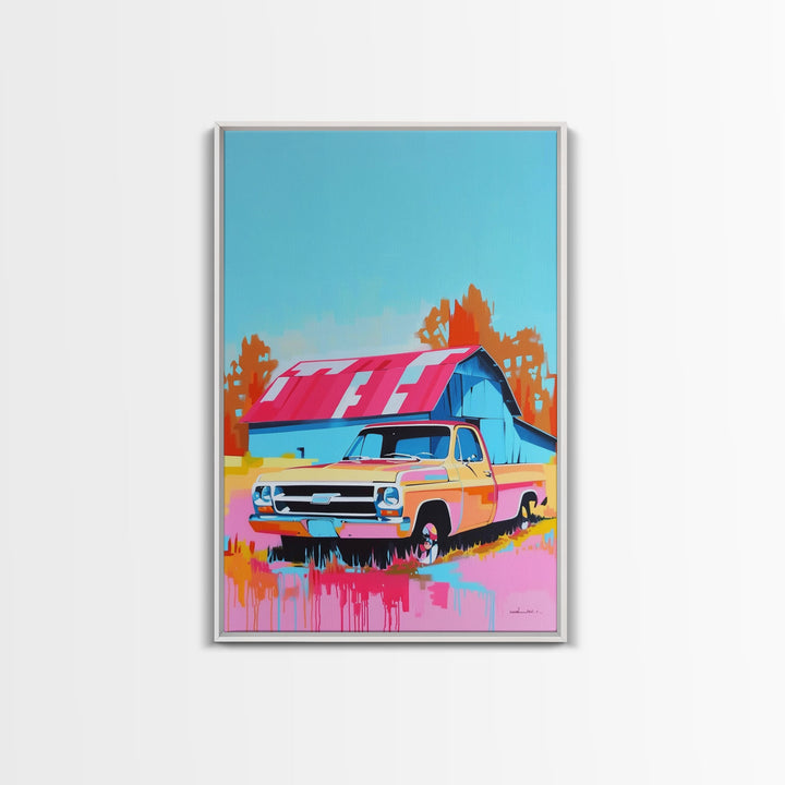 Vintage Truck with Colorful Barn in Background - Framed Canvas Print, Retro Decor, Truck Art for Bedroom, Farmhouse Wall Art for Living Room