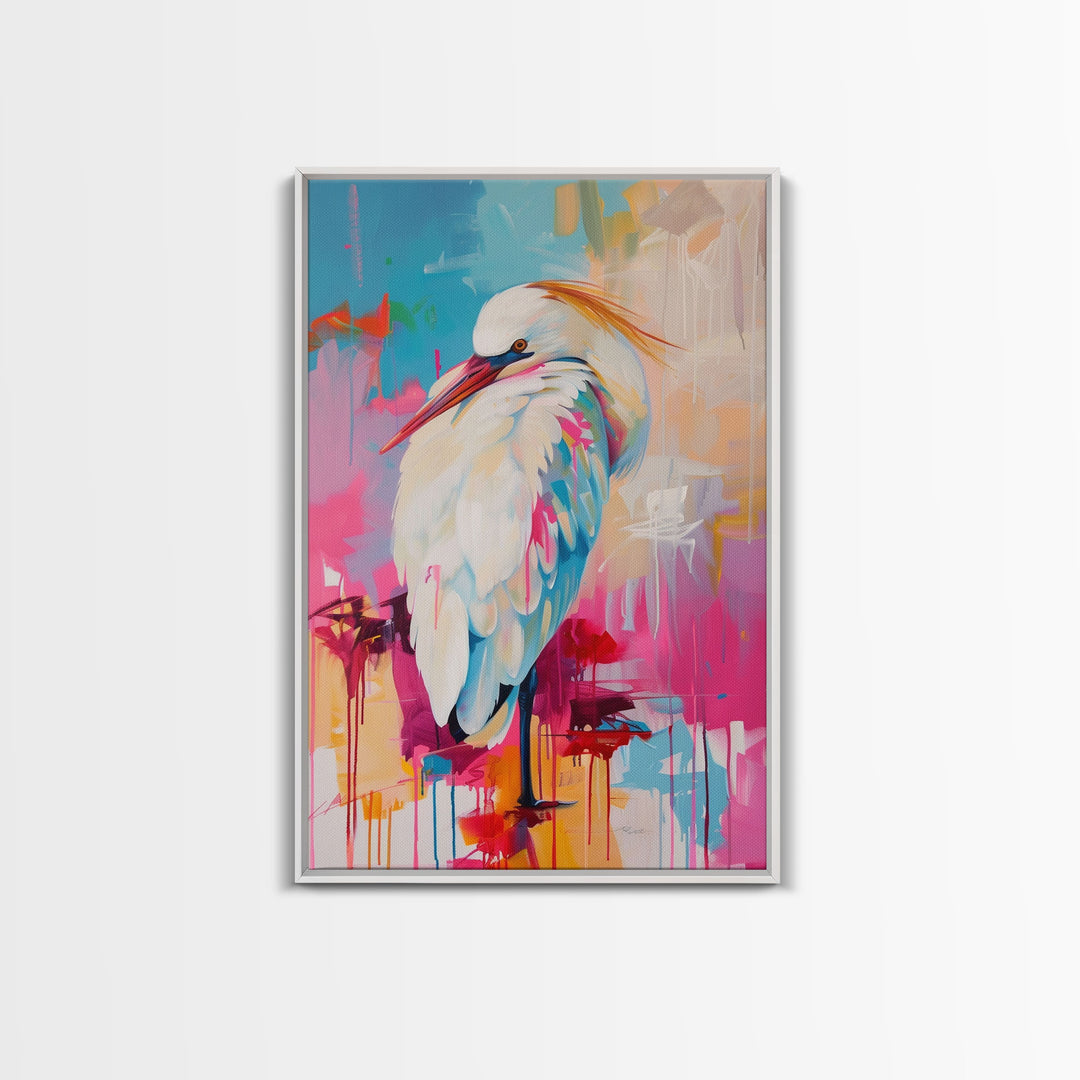 Elegant White Bird in Colorful Abstract Background - Framed Canvas Print, Bird Decor Modern Art for Living Room Vibrant Wall Art for Bedroom