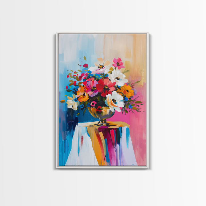 Colorful Floral Arrangement in Bright Vase - Framed Canvas Print, Flower Decor, Floral Art for Living Room, Vibrant Wall Art for Home