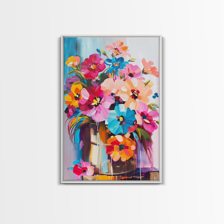Bold Floral Bouquet in Bright Colors - Framed Canvas Print, Flower Decor, Floral Art for Bedroom, Vibrant Wall Art for Living Room
