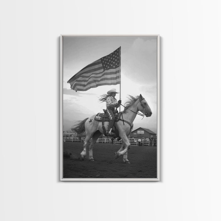 Cowgirl with American Flag Art Print, Western Rodeo Framed Canvas, Vintage Black and White Photography, Unique Home Decor