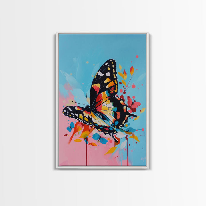 Butterfly and Blossoms Framed Canvas Print - Colorful Wall Art, Living Room Decor, Nature Artwork, Unique Art for Bedroom and Office